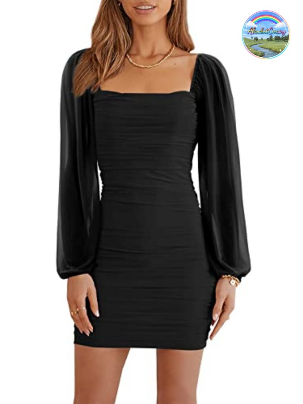Women's Mesh Long Sleeve Square Neck Ruched Bodycon Mini Dress